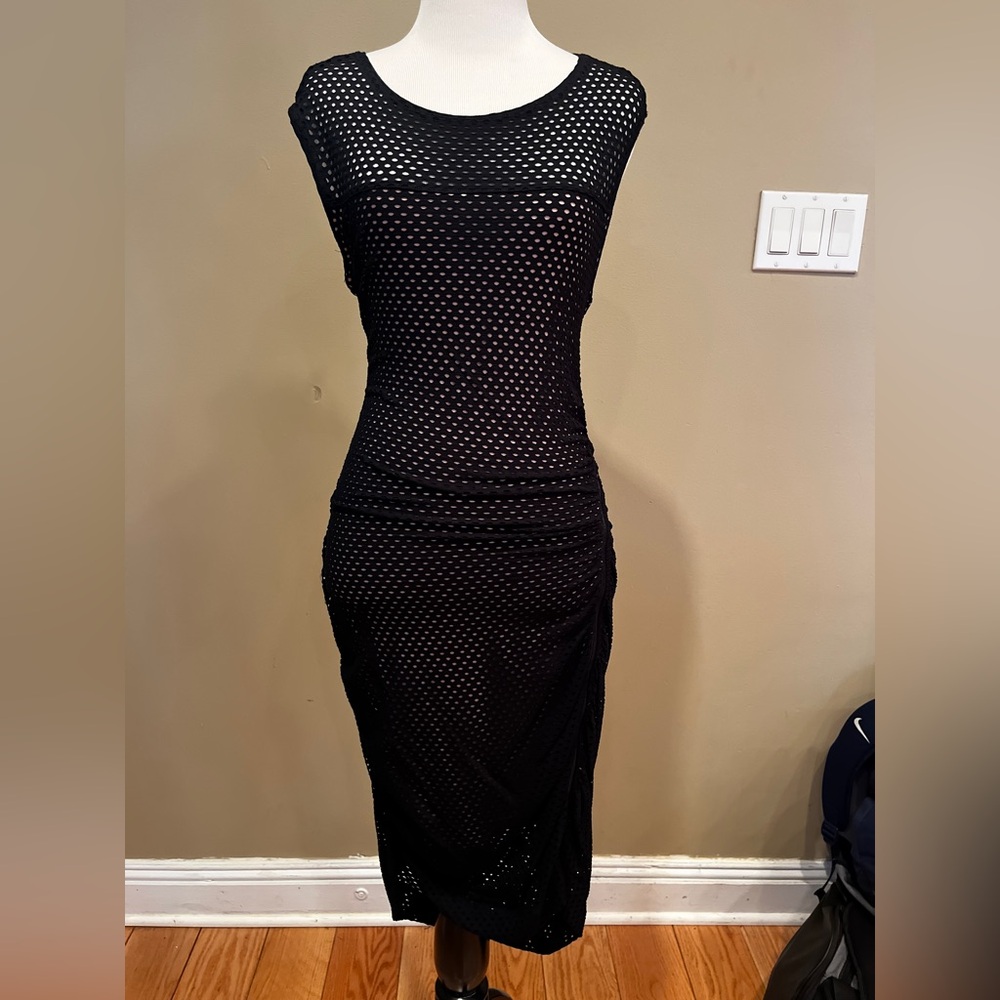 BCBG Maxaria Sexy Women's Black Mesh Midi Dress With Nude Lining - Size Medium - Picture 3 of 12